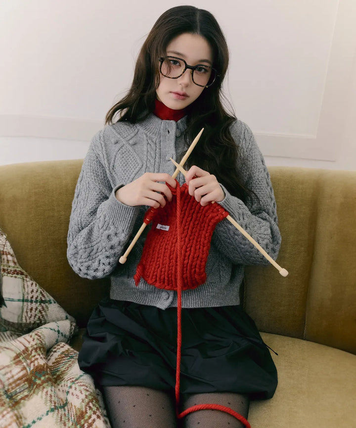 ** JANG WONYOUNG Pick (of IVE) - WOOL BUTTON CABLE CARDIGAN GRAY