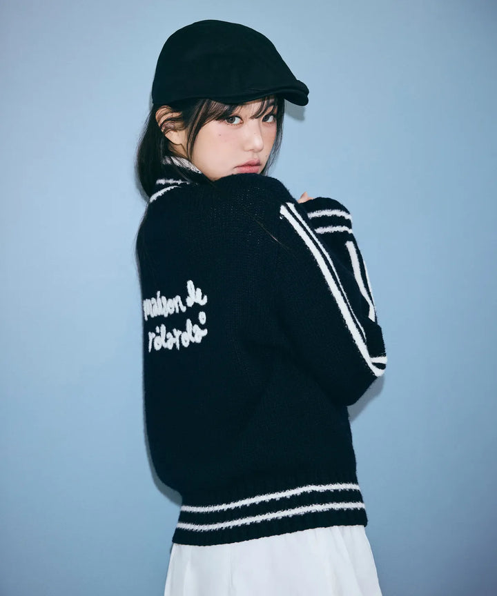 ** JANG WONYOUNG Pick (of IVE) - MAISON DE ROLA EMBROIDERY WOOL BLENDED KNIT ZIP-UP BLACK