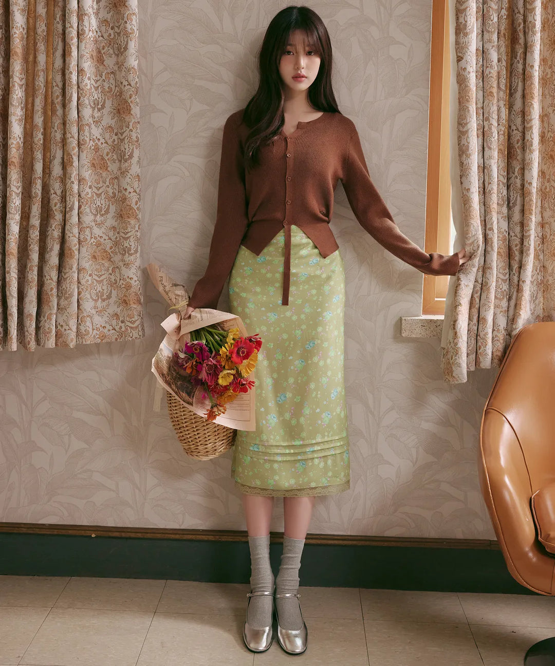 ** JANG WONYOUNG Pick (of IVE) - FLOWER LONG SKIRT GREEN