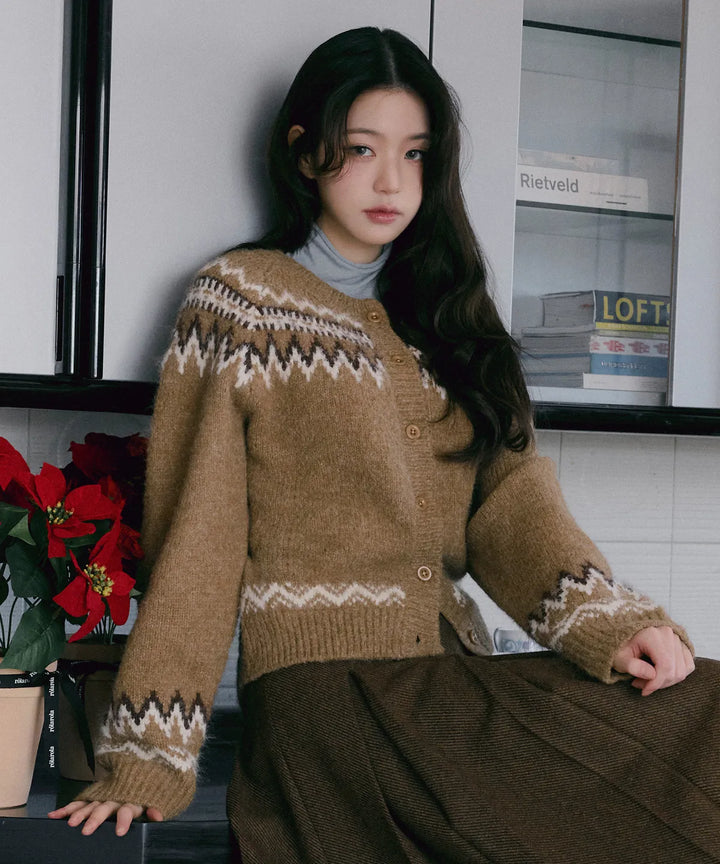 ** JANG WONYOUNG Pick (of IVE) - ROUND COWICHAN CARDIGAN BROWN
