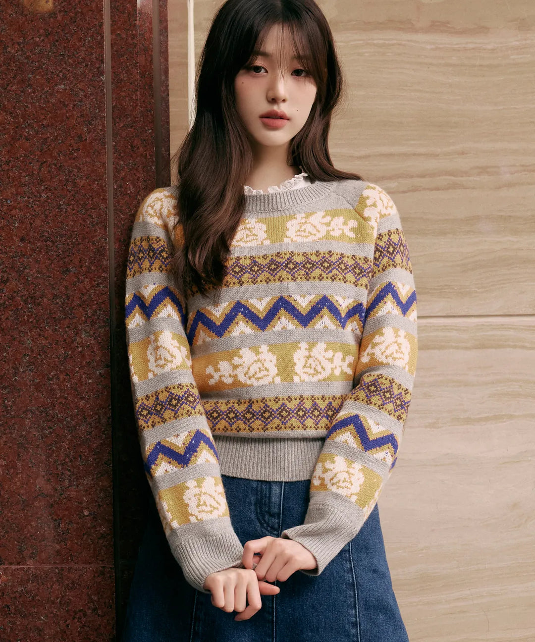 ** JANG WONYOUNG Pick (of IVE) -CASHMERE WOOL BLENDED JACQUARD KNIT GRAY