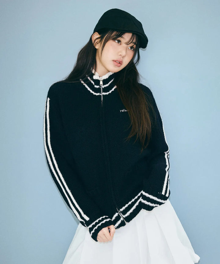 ** JANG WONYOUNG Pick (of IVE) - MAISON DE ROLA EMBROIDERY WOOL BLENDED KNIT ZIP-UP BLACK
