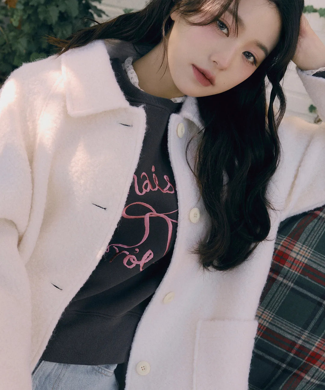 ** JANG WONYOUNG Pick (of IVE) - RIBBON FLEECE SWEATSHIRT DEEP GRAY