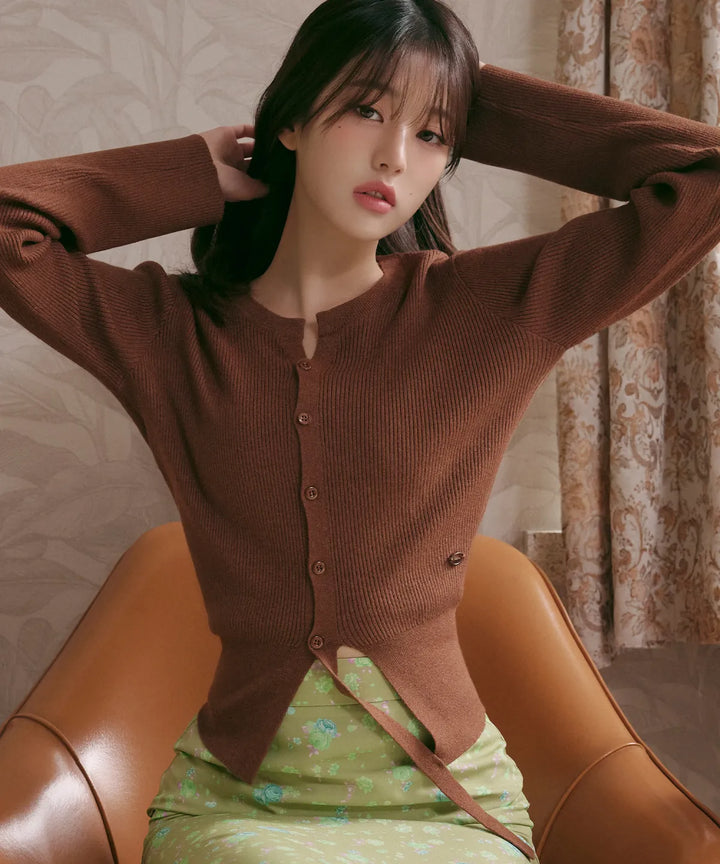 ** JANG WONYOUNG Pick (of IVE) -CUT OUT RIBBED CARDIGAN BROWN