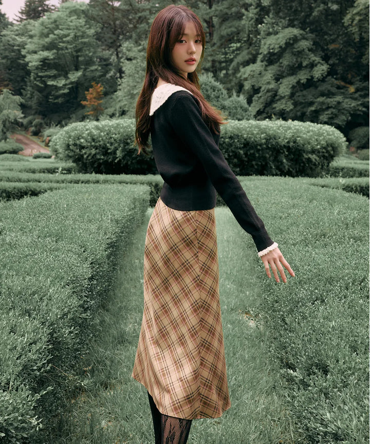 ** JANG WONYOUNG Pick (of IVE) - CHECK MIDI SKIRT BROWN