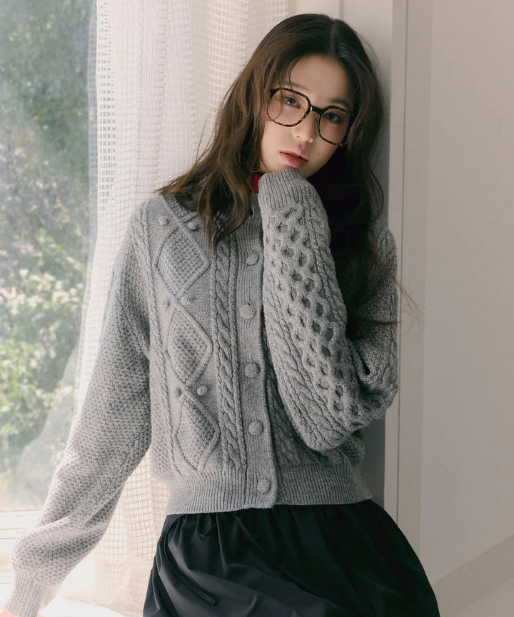 ** JANG WONYOUNG Pick (of IVE) - WOOL BUTTON CABLE CARDIGAN GRAY