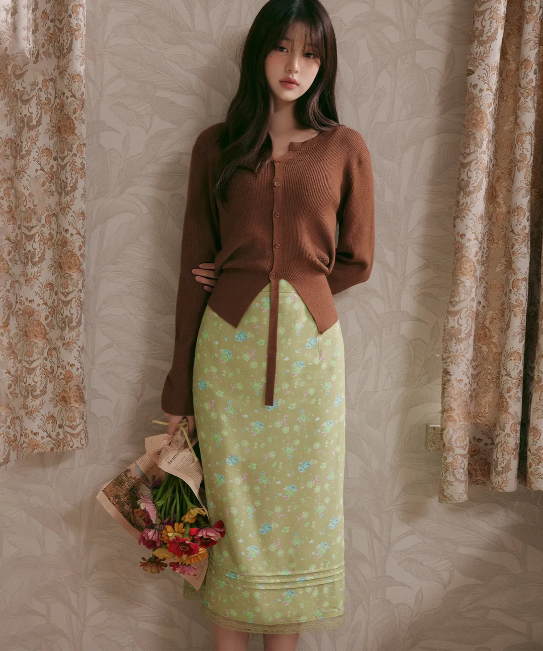 ** JANG WONYOUNG Pick (of IVE) - FLOWER LONG SKIRT GREEN