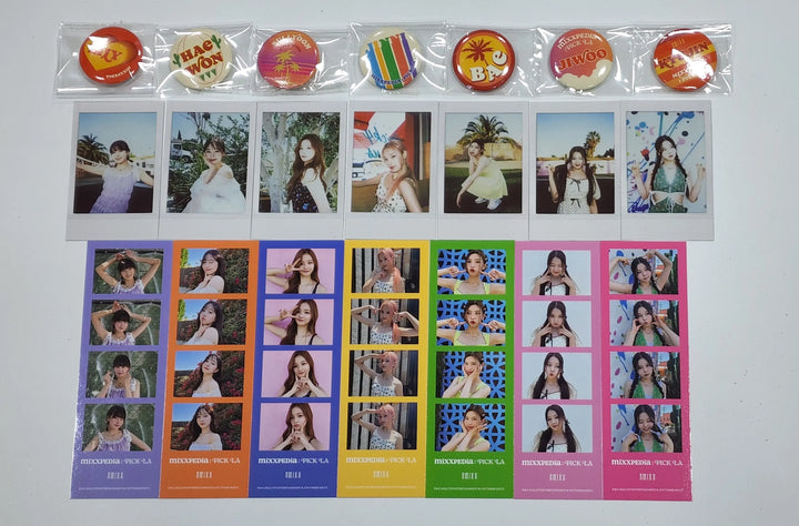 NMIXX 'MIXXPEDIA: PICK LA' 1st Photobook - Official Pin Button, 4 Cut Photo Set (7EA), Polaroid Photocard Set (7EA) - HALLYUSUPERSTORE