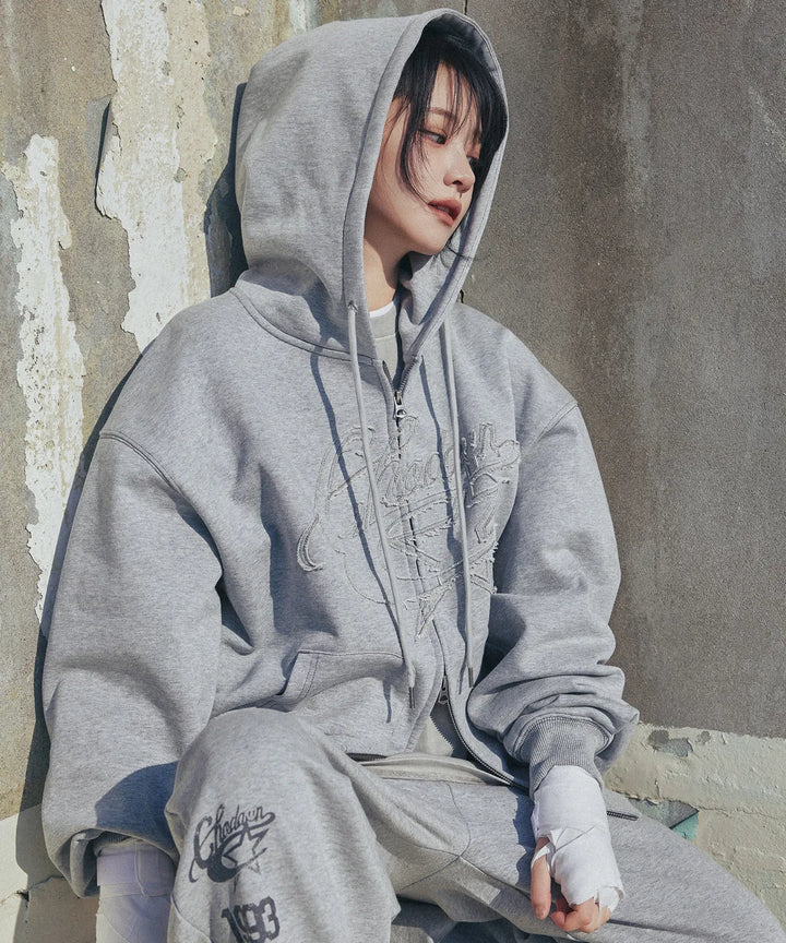 **QWER -Chodan Applique Graphic Hooded Zip-Up_Gray