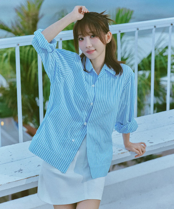 **QWER -Magenta Ocean Stripe Flared Shirt [Blue]