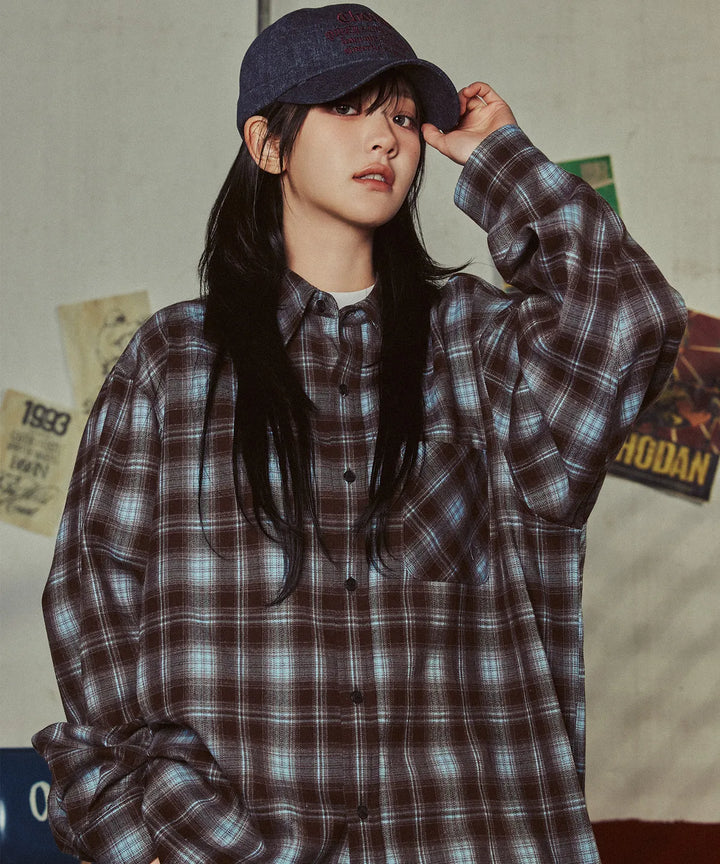 **QWER -Chodan Signature Pose Embroidered Check Shirt_Brown