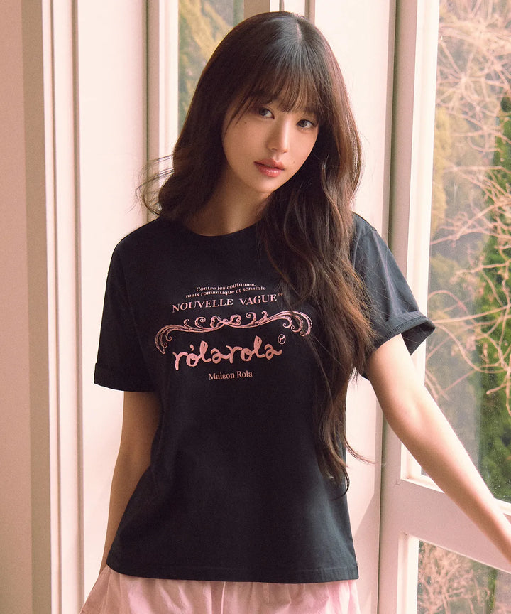** JANG WONYOUNG Pick (of IVE) - VINTAGE NOUVELLE LOGO HALF T-SHIRT BLACK