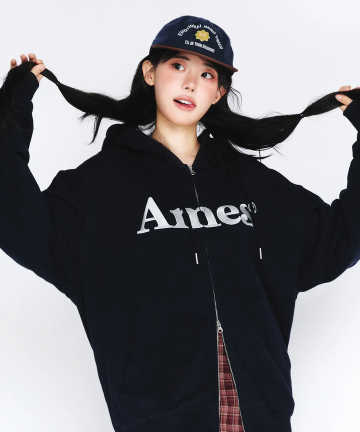 **QWER -Ames-Worldwide  BASIC LOGO HOODIE ZIP UP NAVY