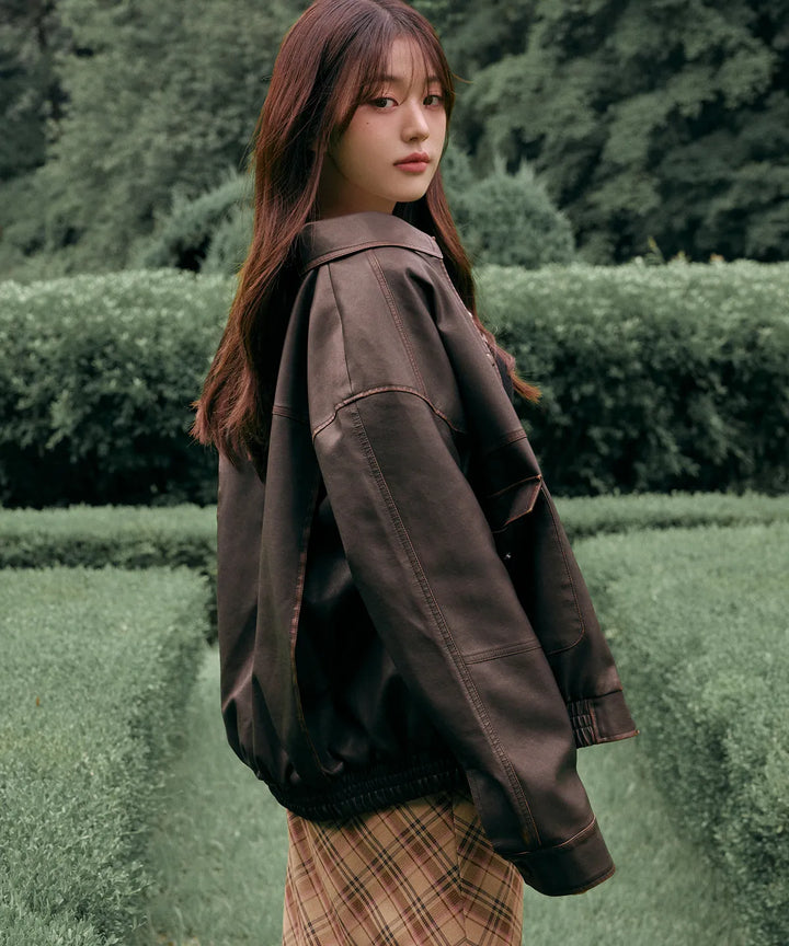 ** JANG WONYOUNG Pick (of IVE) - VINTAGE LEATHER BLOUSON JACKET BROWN
