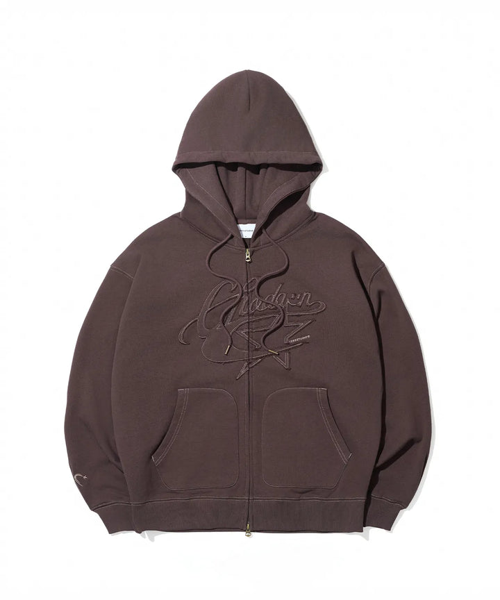 **QWER -Chodan Applique Graphic Hooded Zip-Up_Brown