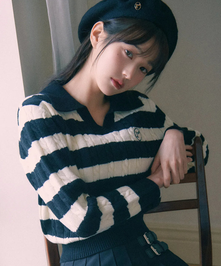 ** JANG WONYOUNG Pick (of IVE) - COLLAR STRIPE BOARDER KNIT WH+BK