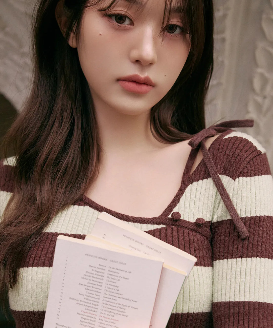 ** JANG WONYOUNG Pick (of IVE) - CUT OUT RIBBON BOARDER KNIT BROWN (FREE)