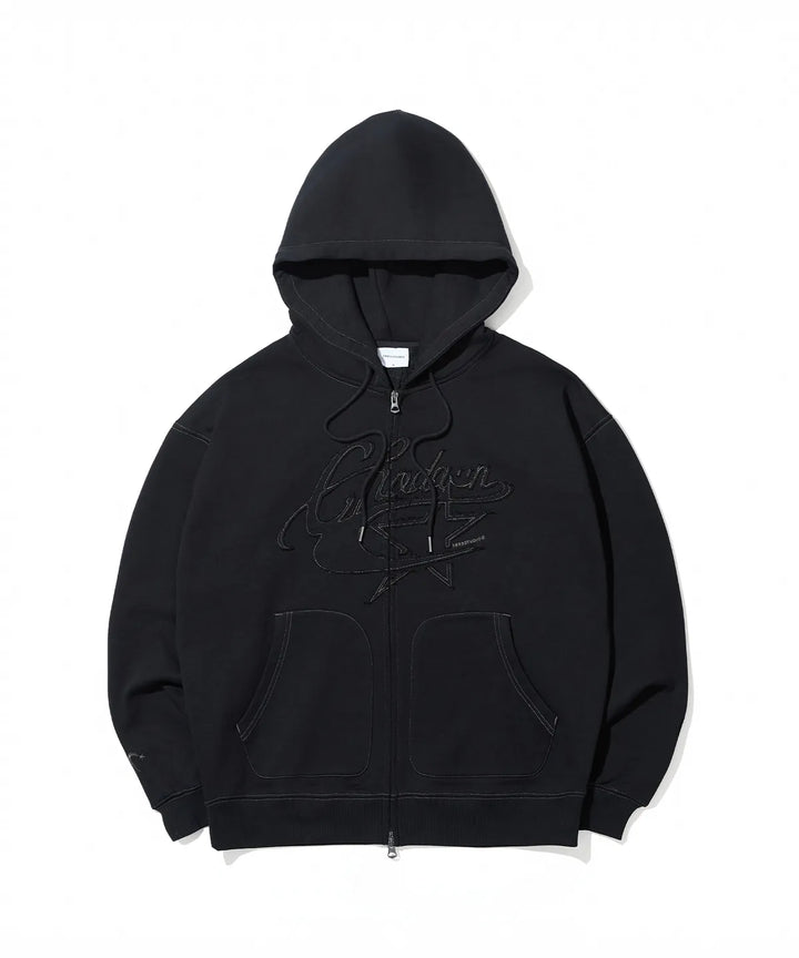 **QWER -Chodan Applique Graphic Hooded Zip-Up_Black
