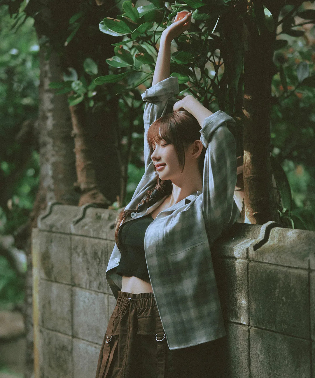 **QWER -Magenta Ombre checkered flare shirt [Green]