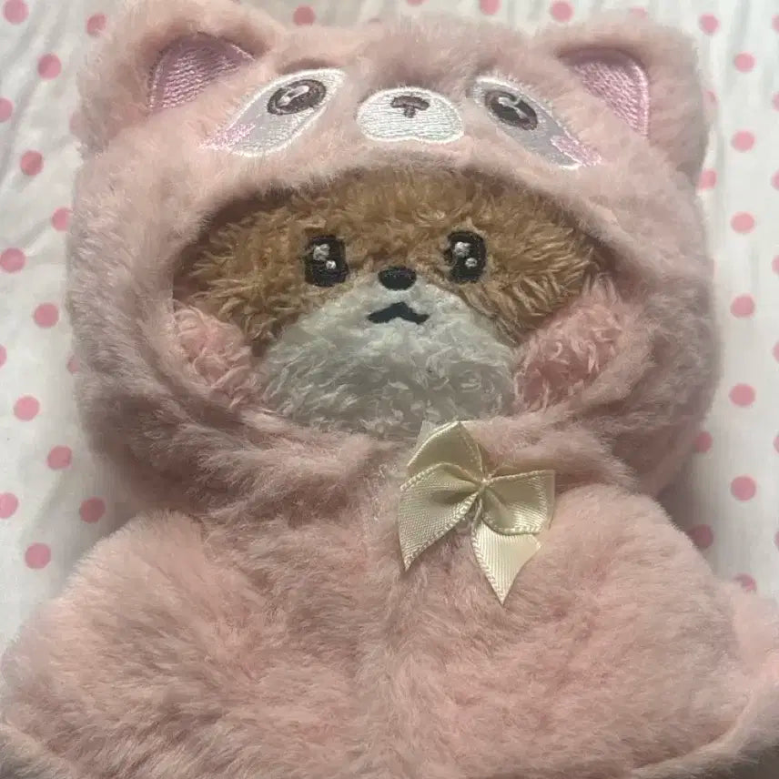 10cm인형옷 너구리 핑크 리본 모자망토