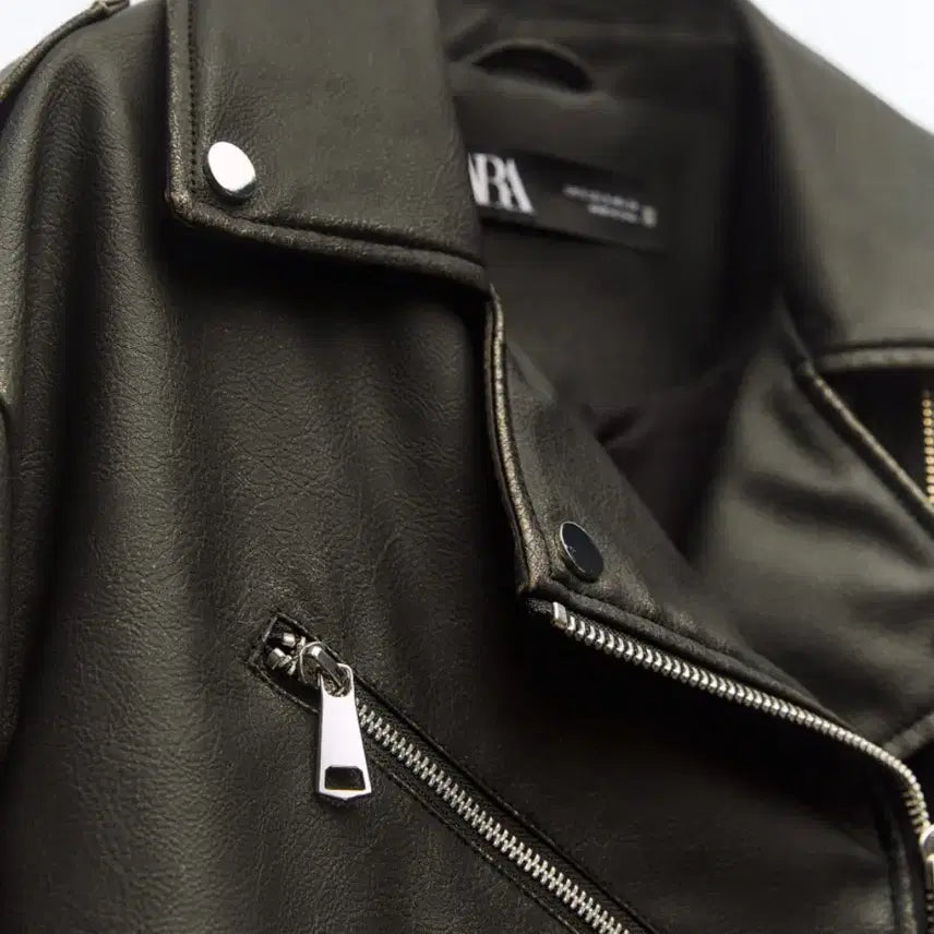 [BUNJANG] Zara Vintage Faux Leather Crop Biker Jacket (M) / 자라 공홈 빈티지 페이크 레더 크롭 바이커 점퍼(M)