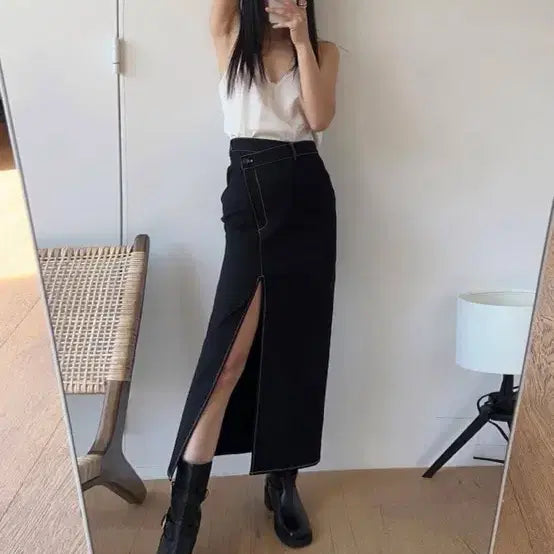 [BUNJANG] The More Lowbun Stitch Long Skirt Black / 더무이 로우번 스티치 롱스커트 블랙 *