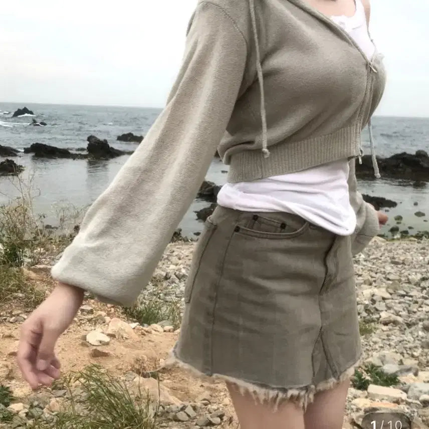 [BUNJANG] Heejin Summer Knit See-through Hoodie Zip-up Mint Gray / 히니츠키 여름 니트 시스루 후드 집업 민트그레이