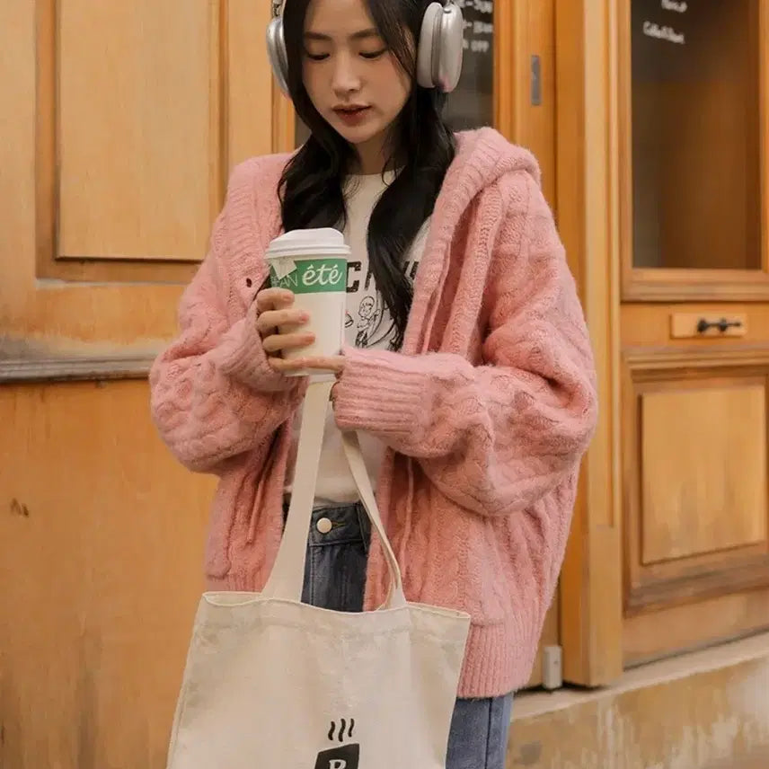 [BUNJANG] DoTom Alpaca Cable Knit Hoodie Cardigan / 도톰알파카꽈배기후드가디건