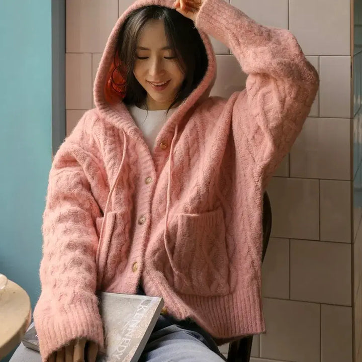[BUNJANG] DoTom Alpaca Cable Knit Hoodie Cardigan / 도톰알파카꽈배기후드가디건