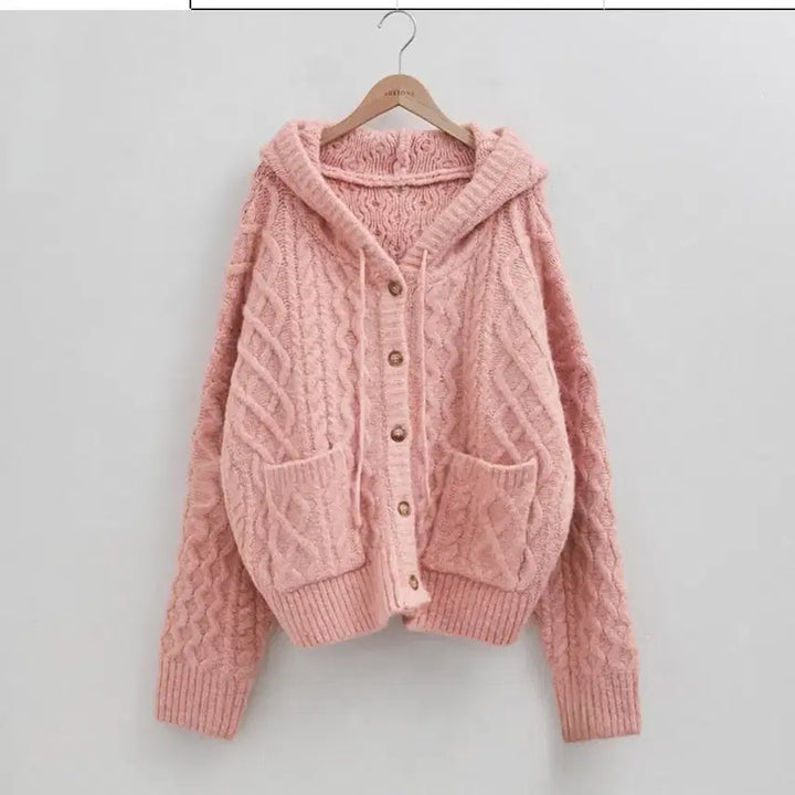 [BUNJANG] DoTom Alpaca Cable Knit Hoodie Cardigan / 도톰알파카꽈배기후드가디건