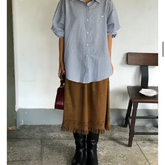 [BUNJANG] Suede Tassel Punching Skirt Brown / 아가베 스웨이드 수술 펀칭 스커트 브라운