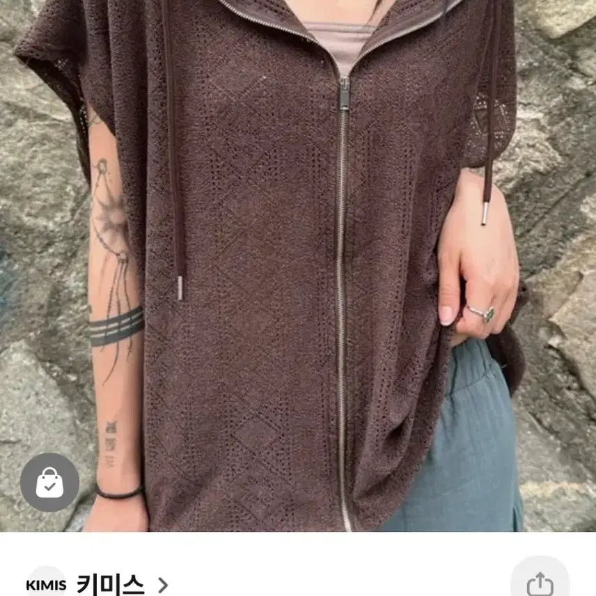 [BUNJANG] KISS Bohemian Vintage Knit Vest / 키미스 반팔 집업 보헤미안 빈티지 후드 프리 니트 조끼