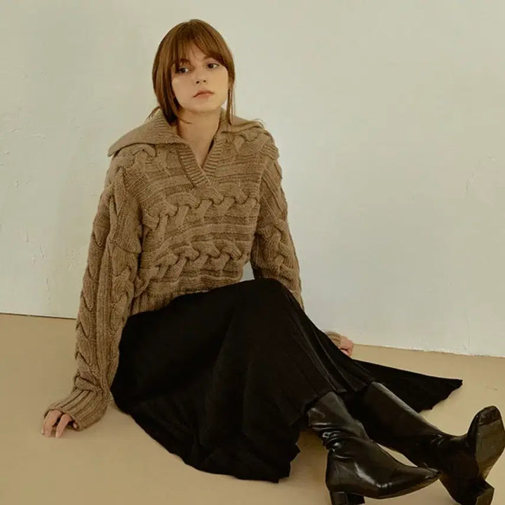 [BUNJANG] RE_L Open Collar Cable Knit Brown Sweater / RE_L 리엘 케이블 오픈 카라 니트 브라운 택달린 새상품