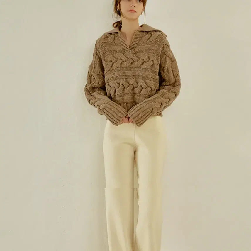 [BUNJANG] RE_L Open Collar Cable Knit Brown Sweater / RE_L 리엘 케이블 오픈 카라 니트 브라운 택달린 새상품