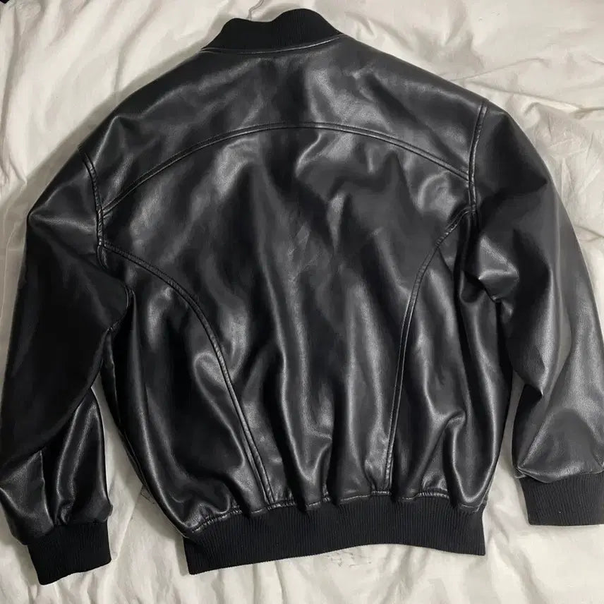 [BUNJANG] Take It Easy Buffed Leather Varsity Jacket All Black / 테이크이지 버핑레더 바시티 자켓 올블랙