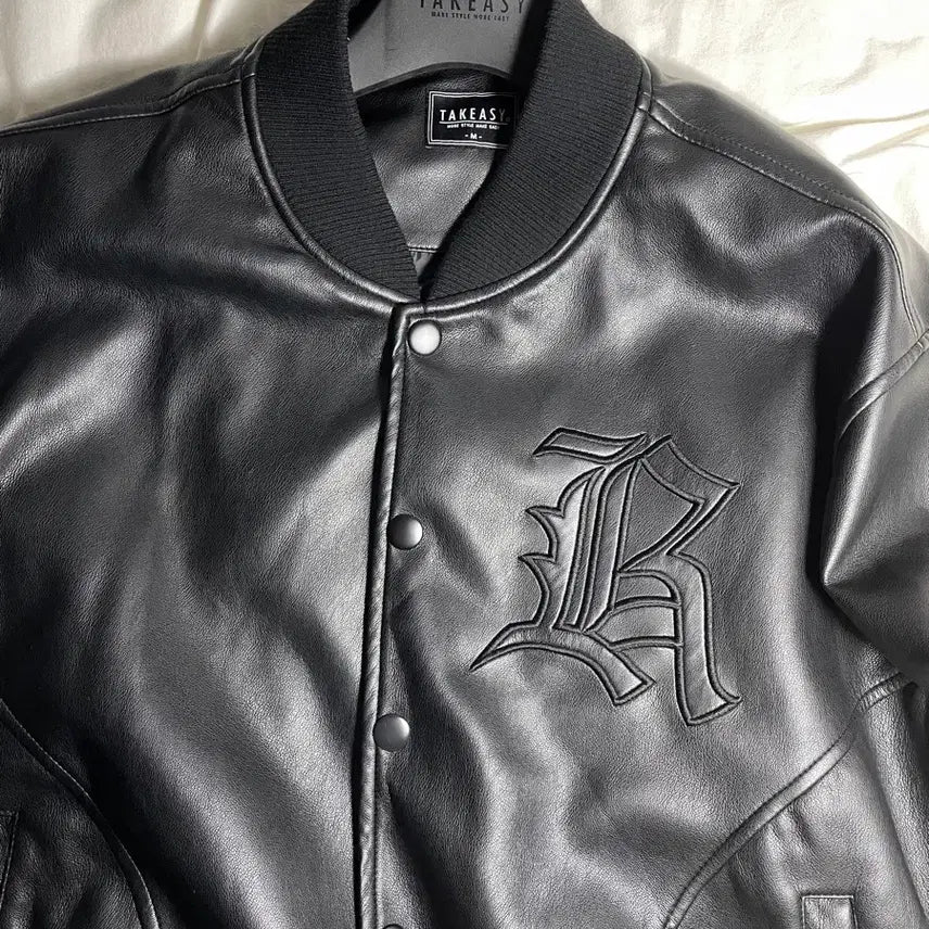 [BUNJANG] Take It Easy Buffed Leather Varsity Jacket All Black / 테이크이지 버핑레더 바시티 자켓 올블랙