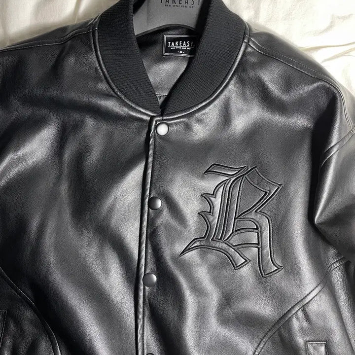 [BUNJANG] Take It Easy Buffed Leather Varsity Jacket All Black / 테이크이지 버핑레더 바시티 자켓 올블랙