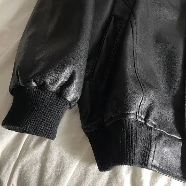 [BUNJANG] Take It Easy Buffed Leather Varsity Jacket All Black / 테이크이지 버핑레더 바시티 자켓 올블랙