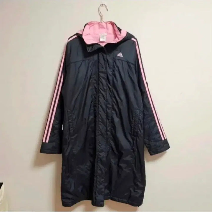 [BUNJANG] Adidas Long Padded Coat Black/Pink Women's / 아디다스 삼선 롱패딩 블랙/핑크 여성용 얇패