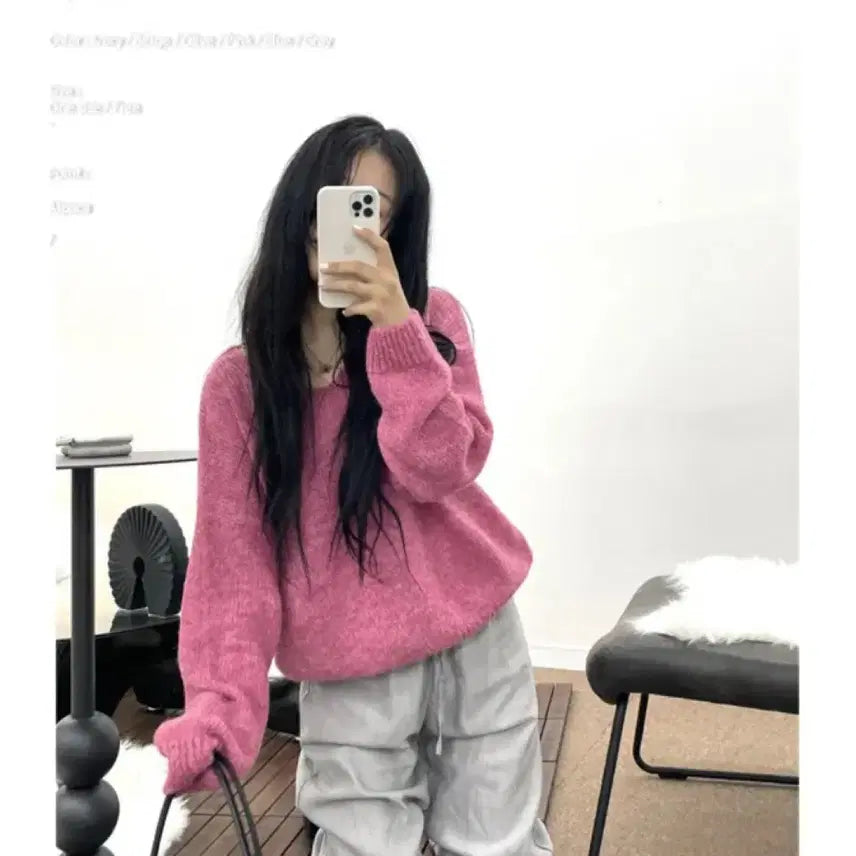 [BUNJANG] Ablie V-Neck Pink Alpaca Knit / 에이블리 브이넥 핑크 알파카 니트