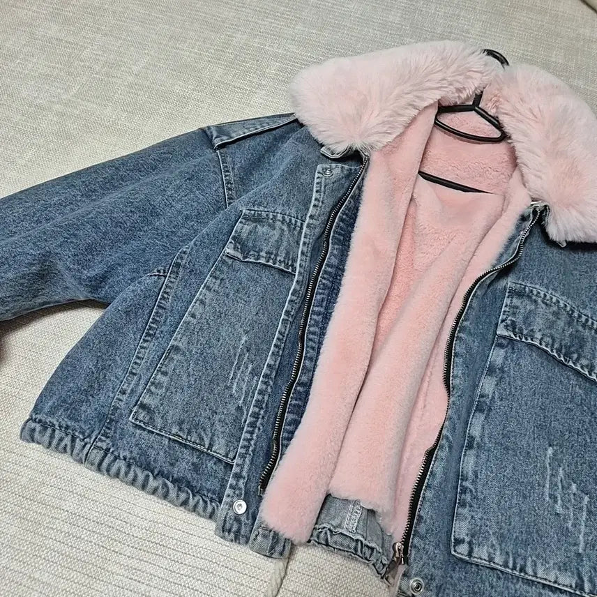 [BUNJANG] Pink Fur Denim Jacket / 핑크 퍼 데님 청자켓