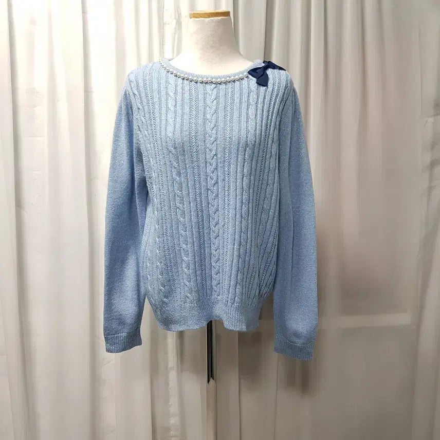 [BUNJANG] Vintage Pearl Cable Knit Sweater Women's L C1026 / 빈티지 진주 꽈배기 리본 케이블 긴팔 울 니트 티셔츠 여L C1026