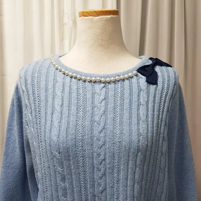 [BUNJANG] Vintage Pearl Cable Knit Sweater Women's L C1026 / 빈티지 진주 꽈배기 리본 케이블 긴팔 울 니트 티셔츠 여L C1026