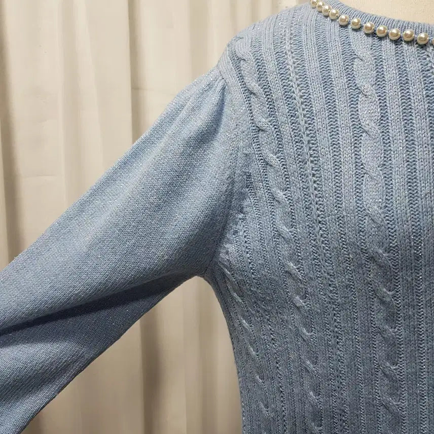 [BUNJANG] Vintage Pearl Cable Knit Sweater Women's L C1026 / 빈티지 진주 꽈배기 리본 케이블 긴팔 울 니트 티셔츠 여L C1026