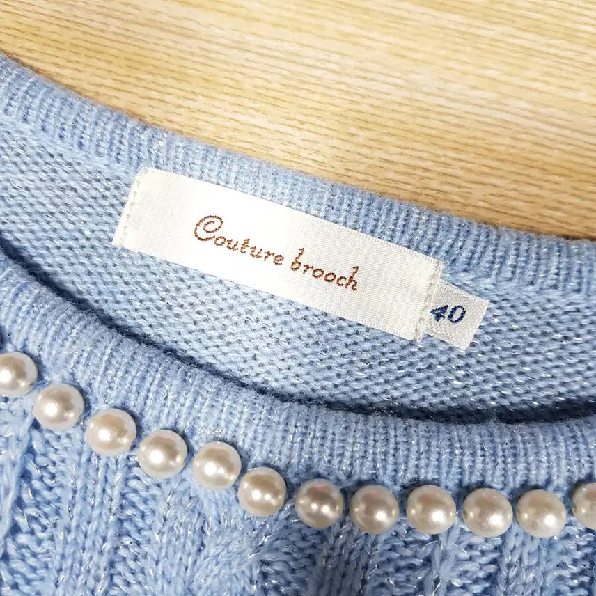 [BUNJANG] Vintage Pearl Cable Knit Sweater Women's L C1026 / 빈티지 진주 꽈배기 리본 케이블 긴팔 울 니트 티셔츠 여L C1026