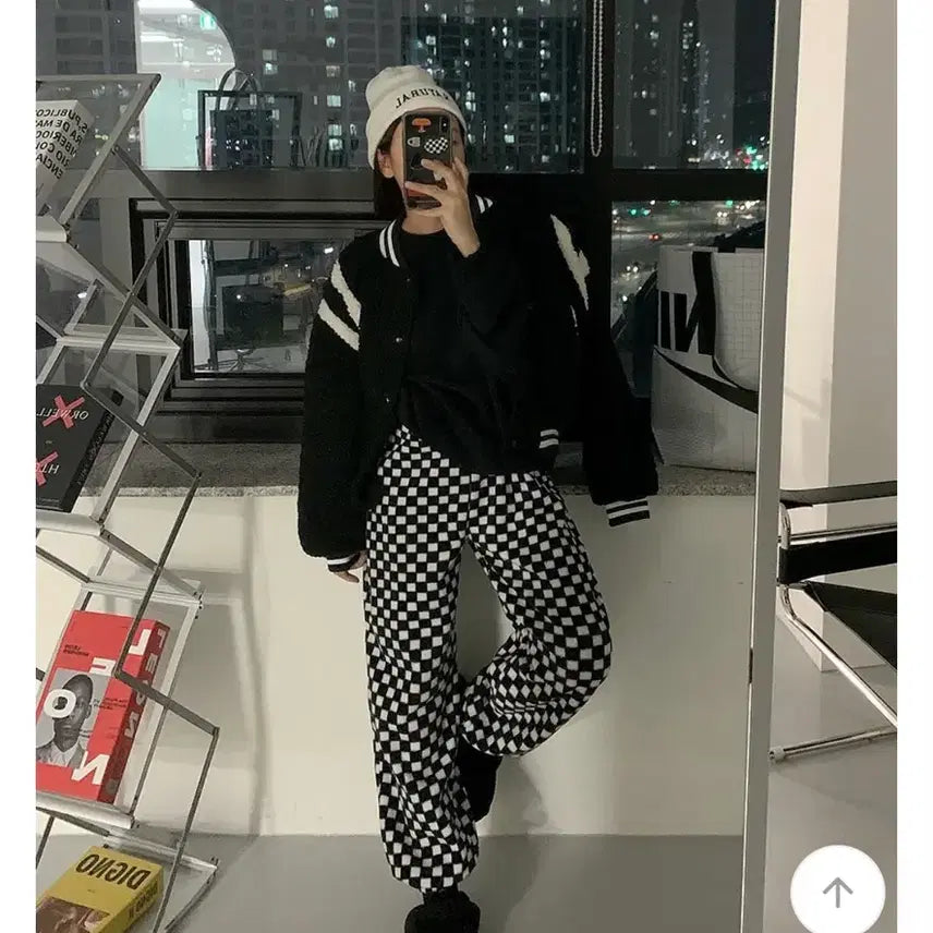 [BUNJANG] Avely Check Pattern Fleece Zip-up Set / 에이블리 체크 패턴 플리스 집업  바지 셋업