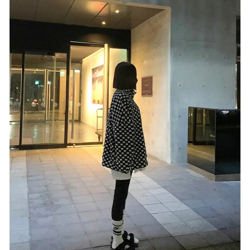 [BUNJANG] Avely Check Pattern Fleece Zip-up Set / 에이블리 체크 패턴 플리스 집업  바지 셋업