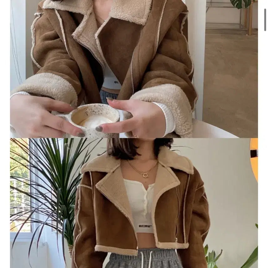 [BUNJANG] Cropped Faux Suede Shearling Jacket (Brown) / 크롭 무스탕 자켓 (브라운)