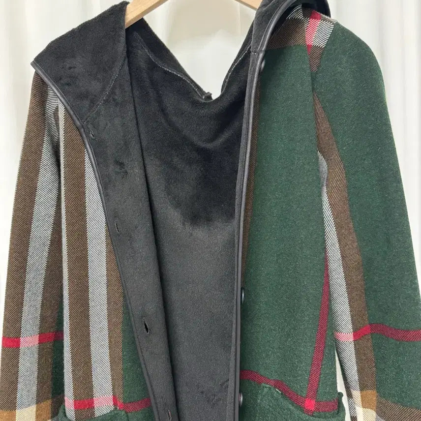 [BUNJANG] Unisex Check Pattern Hooded Long Coat / 체크패턴 후드 롱 코트