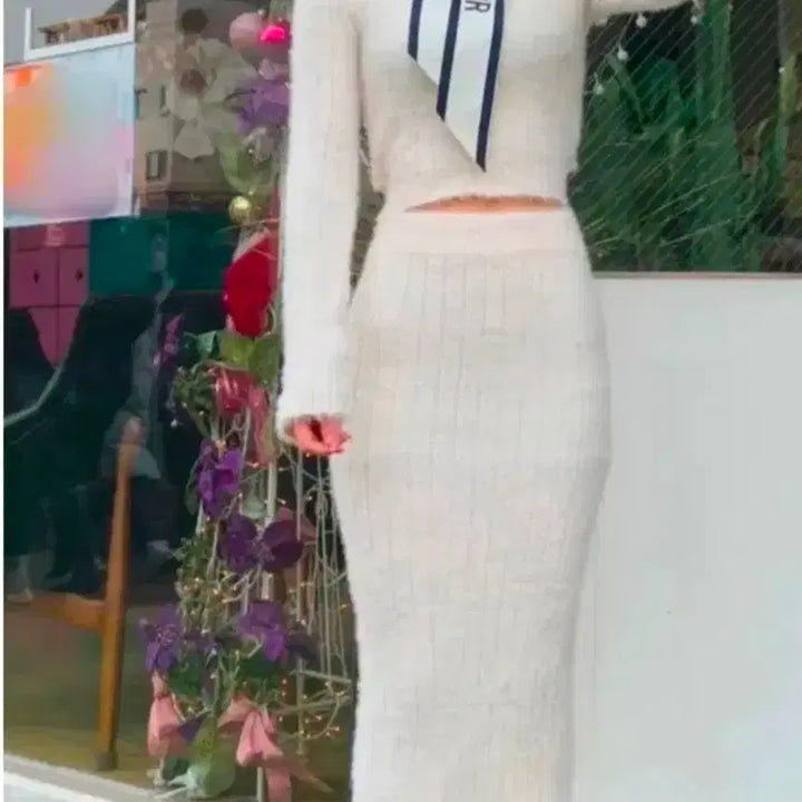 [BUNJANG] Angora Two-Piece Set Ivory Long Skirt / 앙고라 롱스커트 투피스 세트  화이트 아이보리톤